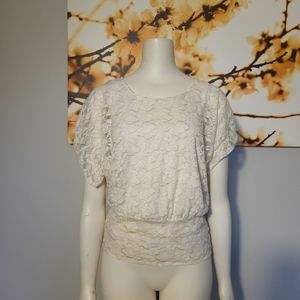 Macy's white and gold stretchy lace blouse